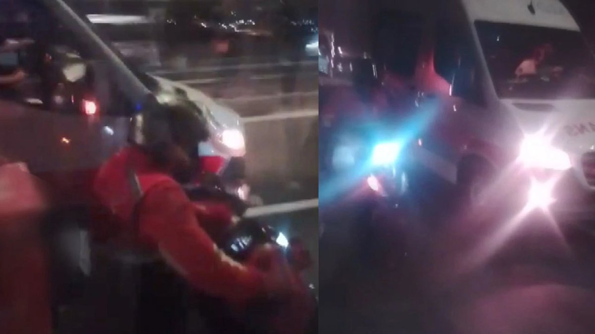 Bir yanında metrobüs bir yanında ambulans! Fırtınada motokuryeye kalkan oldular