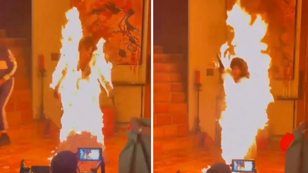 Ünlü şarkıcı bir anda alevler içinde kaldı! Klip çekiminde yürekler ağızlara geldi