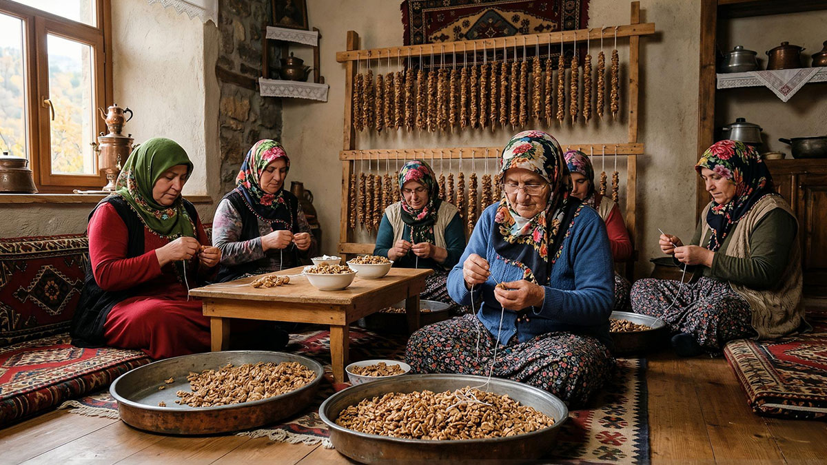 İpe dizilen her ceviz, evin mutfak masrafı oluyor
