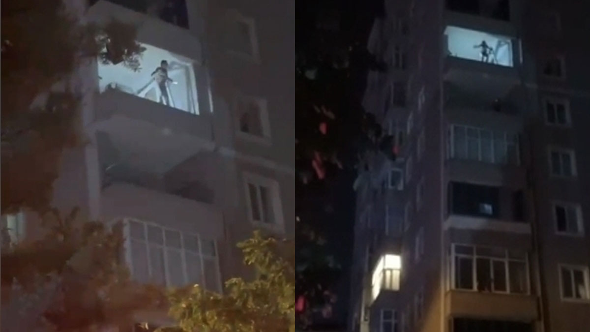 Beylikdüzü'nde akılalmaz olay! 8’inci katın balkon duvarına çıkıp dans etti