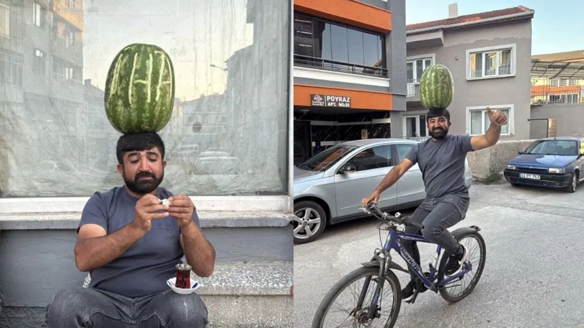 40 kilo karpuzu kafasına alıyor, dengesiyle şaşırtıyor! Bisiklet sürüyor, halay çekiyor, koşuyor…