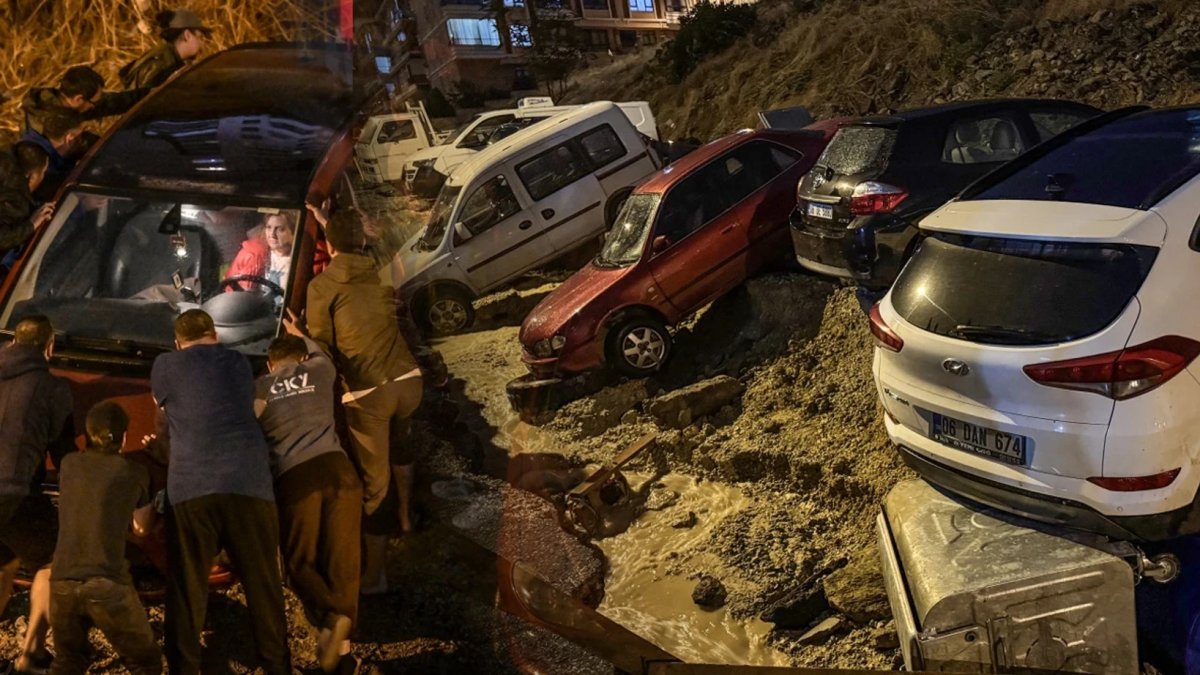 Ankara sele teslim: Yol çöktü, çok sayıda araç hasar gördü