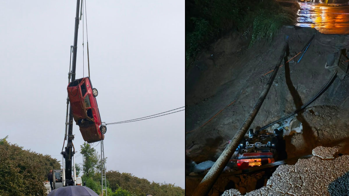 Trabzon’da yol çöktü, otomobil dere yatağına sürüklendi: 2 yaralı