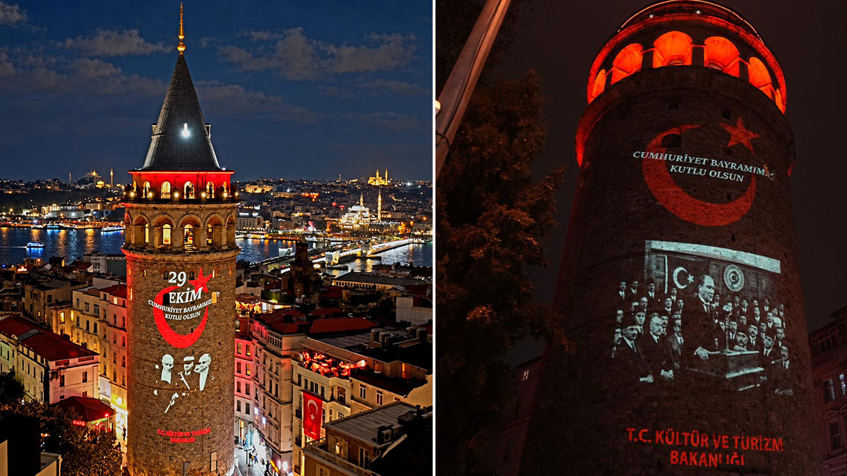 Cumhuriyet’in 103 yıllık ışığı Galata Kulesi’ni aydınlattı