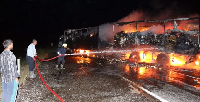 Ağrı'da teröristler 
yol kesip 3 tırı yaktı