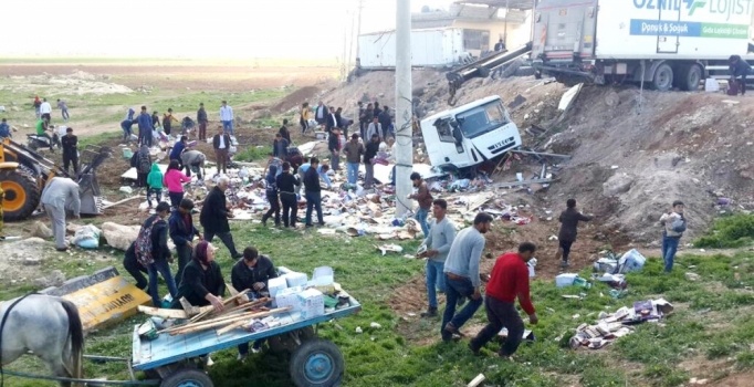 Suruç'ta TIR devrildi, onlar yağmaladı