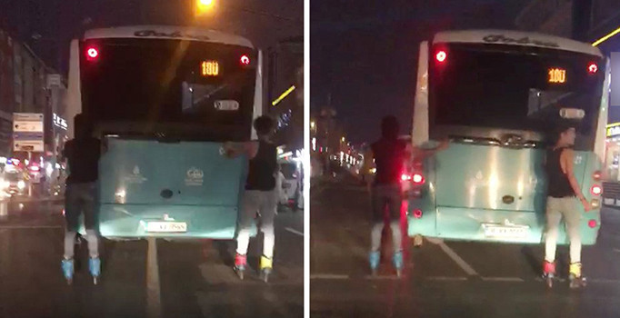 Kartal'da patenli gençlerin tehlikeli yolculuğu | Video