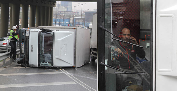 TEM'de kamyon devrildi, burnu bile kanamadan çıktı