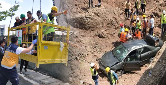 Otomobil rezidans inşaatının temeline uçtu