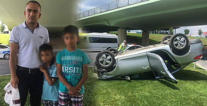 Baba ve 2 çocuğu takla atan araçtan burnu bile kanamadan çıktı