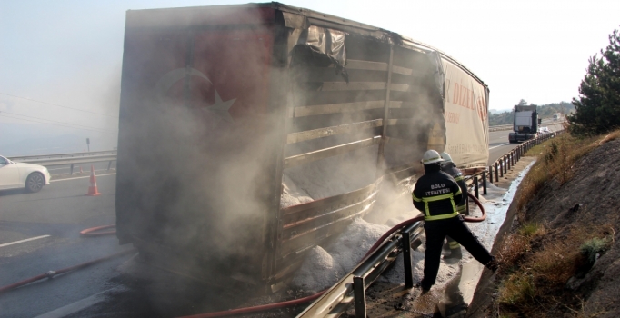 Balataları tutuşan TIR'ın tuz yüklü dorsesi yandı