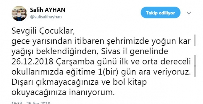 Sivas'ta okullara 1 gün kar tatili