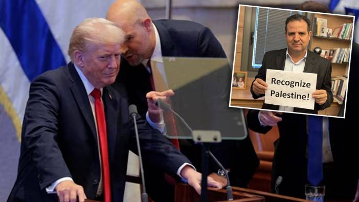 'Filistin'i tanıyın' yazılı pankart açtılar... İsrail Parlamentosu'nda Trump protestosu