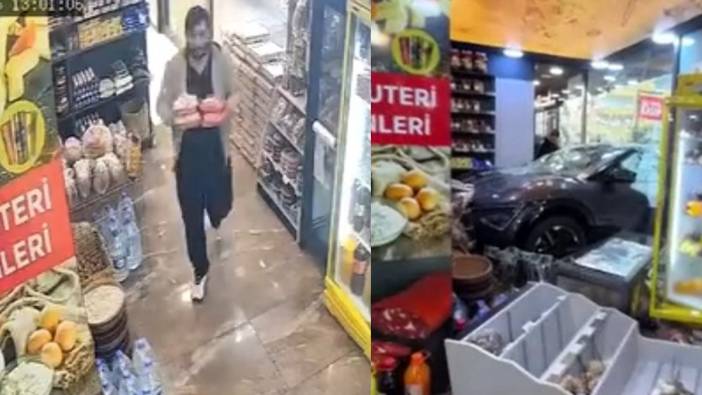 Kontrolden çıkan SUV araç şarküteriye daldı! İçeride bulunan bir kişi saniyelerle kurtuldu