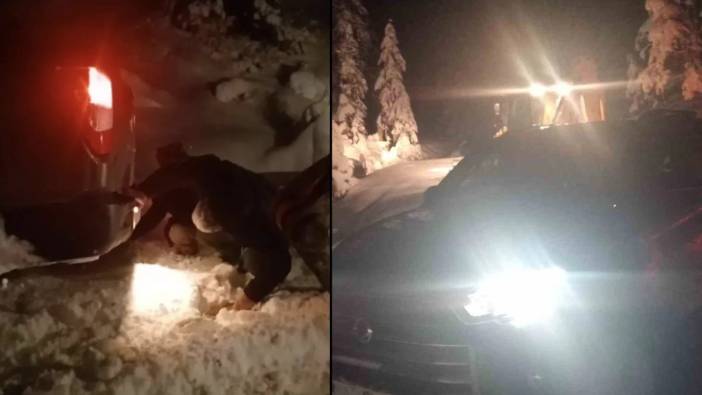 Kar dolu yolda araç kara saplandı! Bir aile yaylada mahsur kaldı: Aileyi belediye ekipleri kurtardı