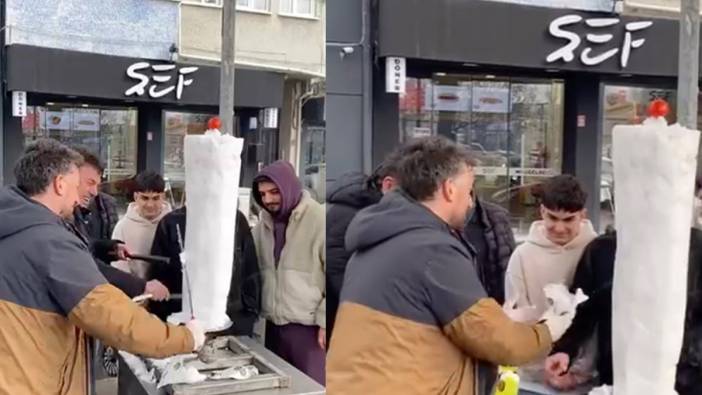 Bu döner sıcacık değil, buz gibi! Döner şişine et yerine kar taktı, vatandaşlar akın etti!