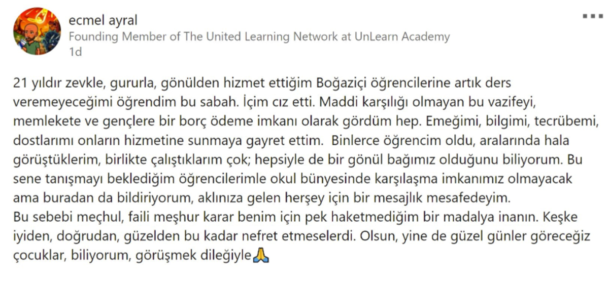Boğaziçi Üniversitesi'nde bir hoca daha görevden ...